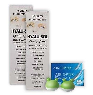 Komplekt AirOptix plus HydraGlyde 6+6 läätse, Hyalu-Sol 360ml 2tk ja lõbus konteiner